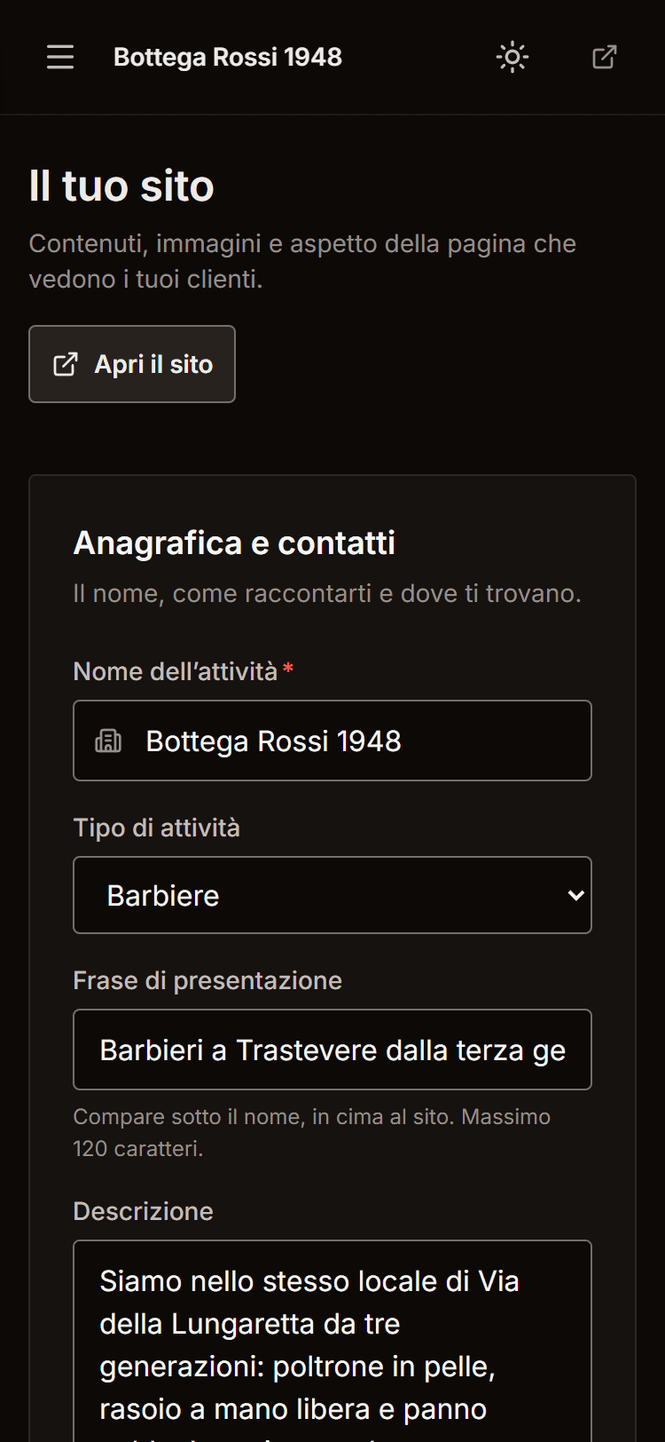 Schermata di modifica del sito con il nome dell’attività, il tipo, la frase di presentazione e la descrizione del salone.