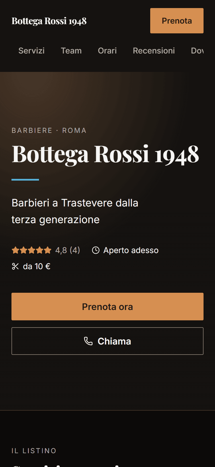 La vetrina di una barberia romana su fondo scuro, con titolo in carattere graziato, valutazione a stelle e i pulsanti Prenota ora e Chiama.