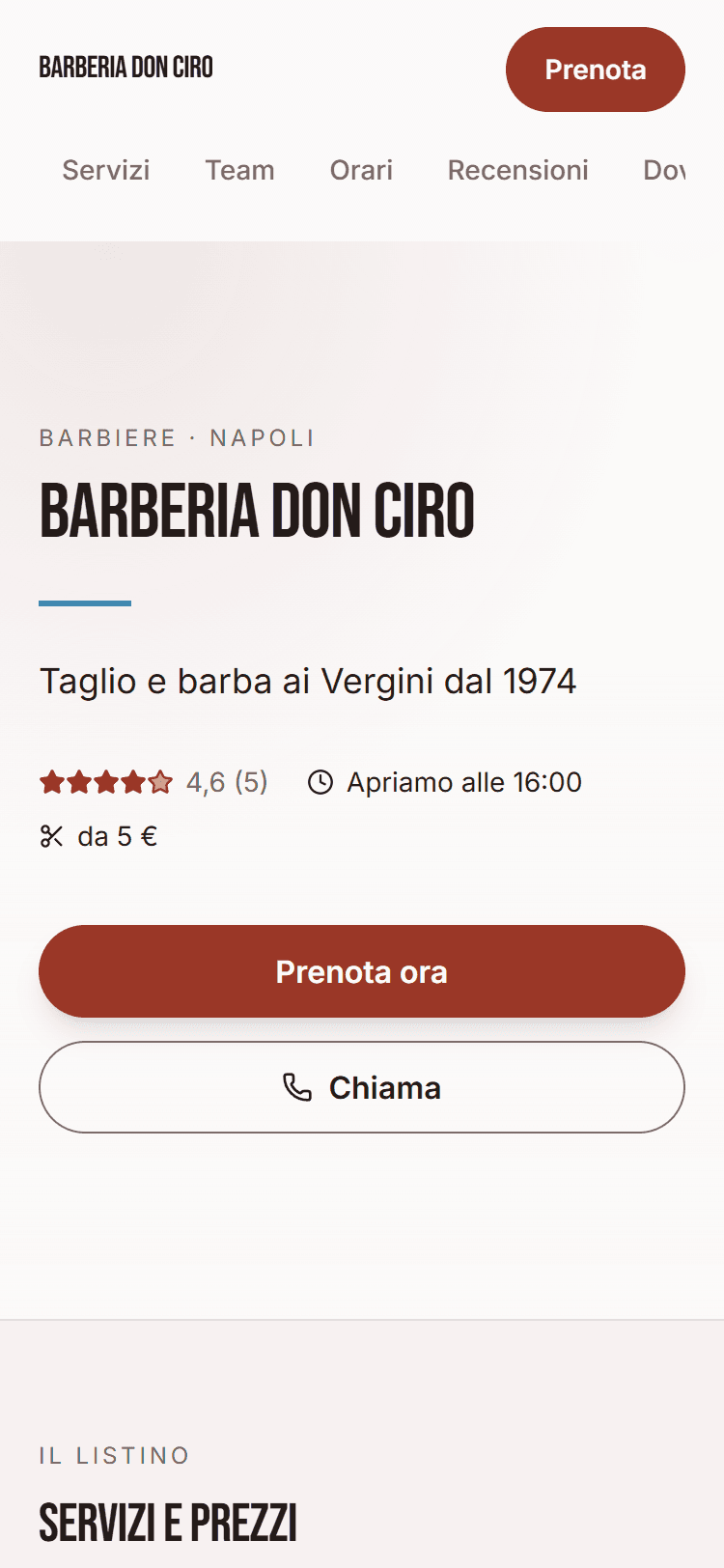 La vetrina di una barberia napoletana su fondo chiaro, con titolo in maiuscolo stretto e accenti rossi.
