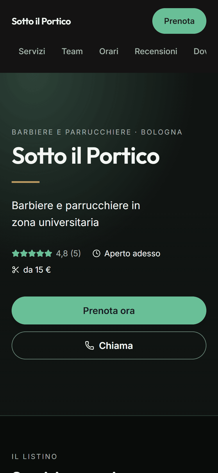 La vetrina di un salone bolognese su fondo scuro con accenti verdi e pulsanti dagli angoli arrotondati.